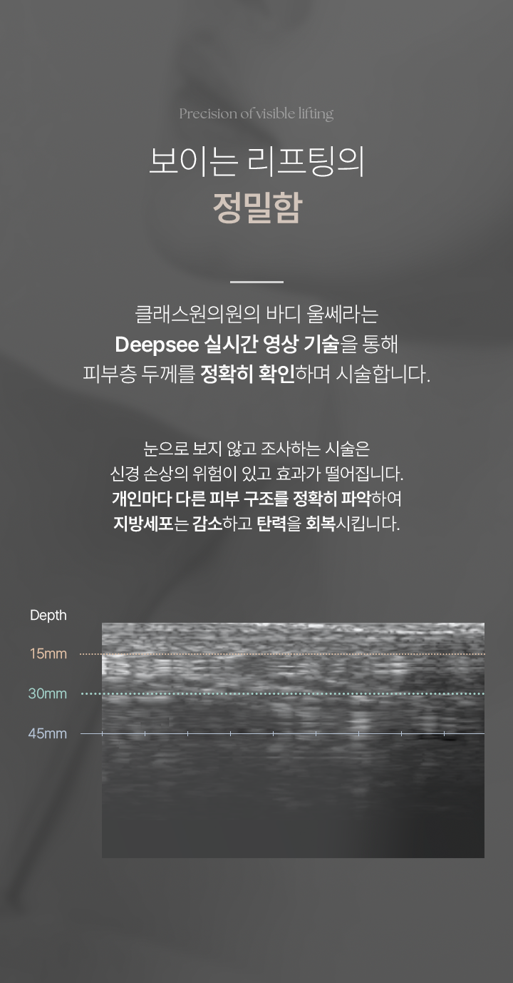 Precision of visible lifting 보이는 리프팅의 정밀함. 클래스원의원의 바디 울쎄라는 Deepsee 실시간 영상 기술을 통해 피부층 두께를 정확히 확인하며 시술합니다. 눈으로 보지 않고 조사하는 시술은 신경 손상의 위험이 있고 효과가 떨어집니다. 개인마다 다른 피부 구조를 정확히 파악하여 지방세포는 감소하고 탄력을 회복시킵니다.