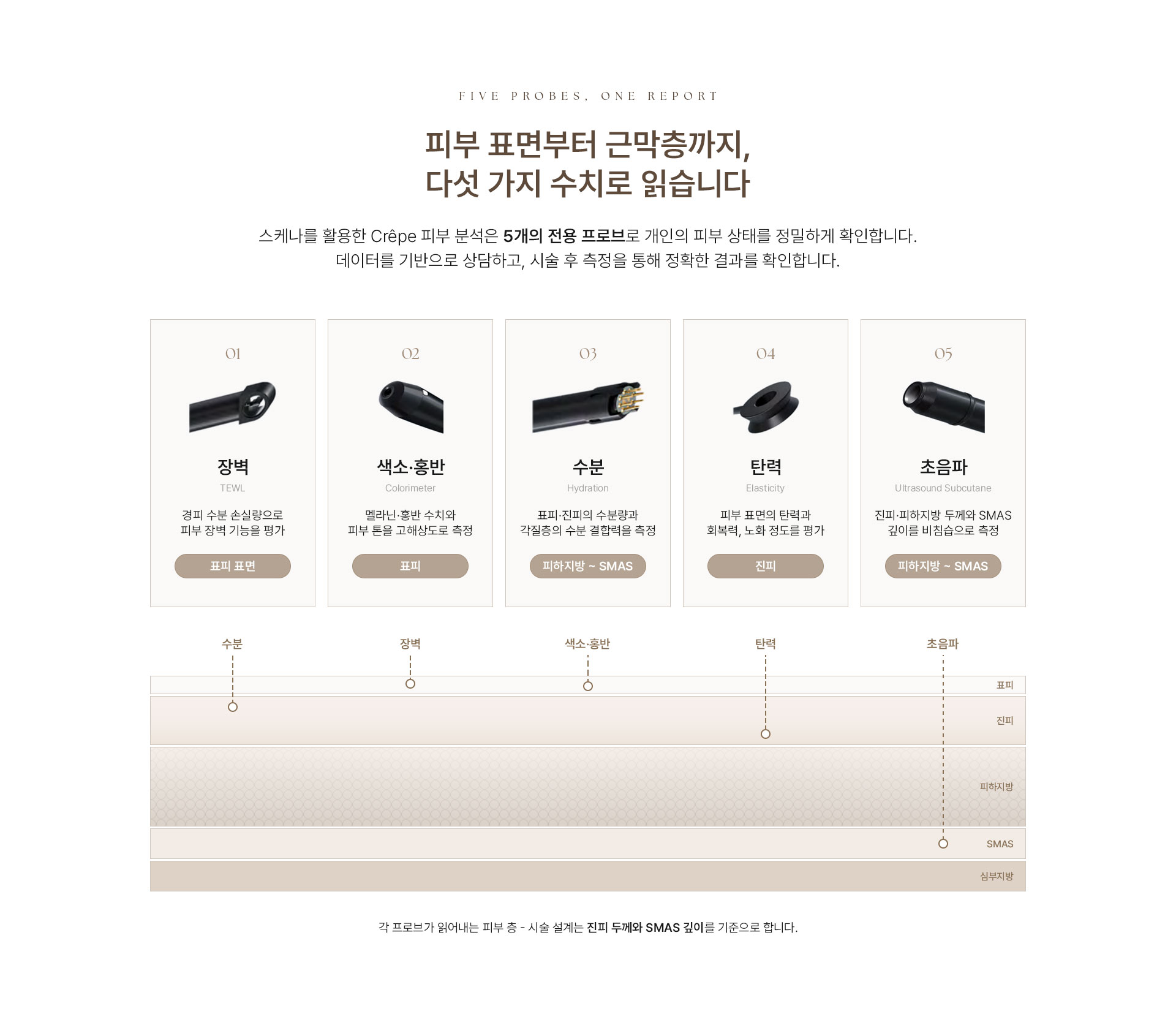 FIVE PROBES, ONE REPORT. 피부 표면부터 근막층까지, 다섯 가지 수치로 읽습니다. 스케나를 활용한 Crêpe 피부 분석은 5개의 전용 프로브로 개인의 피부 상태를 정밀하게 확인합니다. 데이터를 기반으로 상담하고, 시술 후 측정을 통해 정확한 결과를 확인합니다. 01 장벽 TEWL. 경피 수분 손실량으로 피부 장벽 기능을 평가 [표피 표면]. 02 색소·홍반 Colorimeter. 멜라닌·홍반 수치와 피부 톤을 고해상도로 측정 [표피]. 03 수분 Hydration. 표피·진피의 수분량과 각질층의 수분 결합력을 측정 [피하지방 ~ SMAS] .04 탄력 Elasticity. 피부 표면의 탄력과 회복력, 노화 정도를 평가 [진피]. 05 초음파 Ultrasound Subcutane. 진피·피하지방 두께와 SMAS 깊이를 비침습으로 측정 [피하지방 ~ SMAS]. (피부층 다이어그램) 측정 항목 : 수분 / 장벽 / 색소·홍반 / 탄력 / 초음파. 피부층: 표피 / 진피 / 피하지방 / SMAS / 심부지방각. 프로브가 읽어내는 피부 층 - 시술 설계는 진피 두께와 SMAS 깊이를 기준으로 합니다.